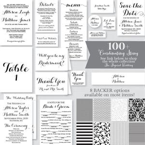 May include: A wedding invitation suite with black and white text on a white background. The suite includes a save the date card, a wedding invitation, a menu, a table number card, a thank you card, a will you be my bridesmaid card, and a note for the bride and groom. The suite also includes a variety of patterns in black and white.