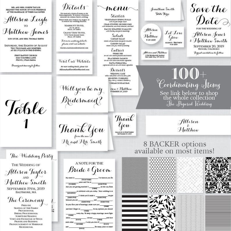 May include: A wedding invitation suite with black and white text on a white background. The suite includes a save the date card, a wedding invitation, a menu, a table number card, a thank you card, a will you be my bridesmaid card, and a note for the bride and groom. The suite also includes a variety of patterns in black and white.