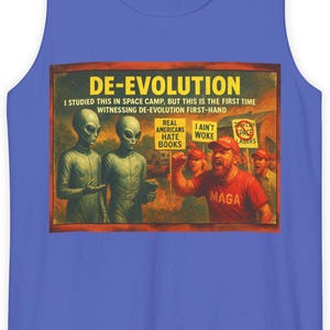 De-Evolution Satire Tank Top: Funny Anti-MAGA Political Graphic