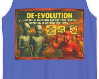 De-Evolution Satire Tank Top: Funny Anti-MAGA Political Graphic