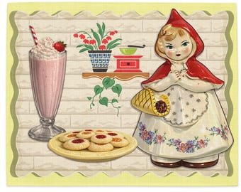 Little Red Riding Hood Placemats Set of 4 - Vintage Cookie Jar Kitchen Decor - Retro Storybook Table Setting