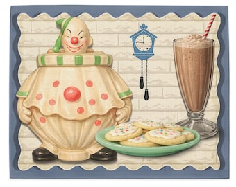 Vintage Clown Cookie Jar Placemats - Set of 4 | Retro 1950s Kitchen Decor-Frosted Cookies & Chocolate Malt-Mid Century Modern Table Setting
