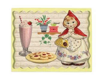 Juego de 4 manteles individuales de Caperucita Roja - Decoración de cocina vintage con tarro de galletas - Mesa de cuento retro