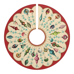 May include: A round Christmas tree skirt with a scalloped red border. The cream-colored center features vintage-style ornaments in various colors, including red, green, blue, and gold, connected by teal starbursts. The skirt has a center opening.