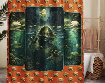 Retro Lagoon Monster Shower Curtain – Gothic Mid-Century Horror Bathroom Decor