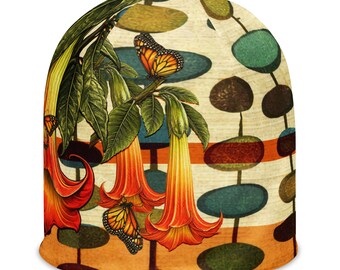 Gorro de jardín venenoso con mariposas Brugmansia y Monarca: gorro retro botánico con estampado integral