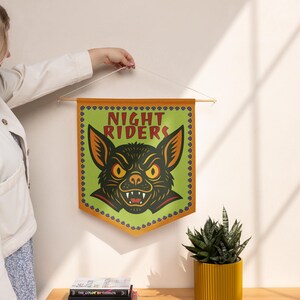 Campy-Kitsch Spooky Night Rider Halloween Bat Pennant banner