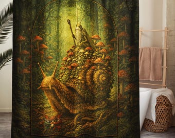 Giant Snail, Bearded Grasshopper & Arguing Gnomes – Amanita Mushroom Forestcore Shower curtain