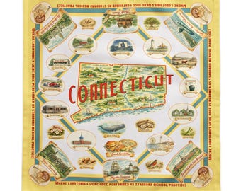 Vintage Connecticut Map Tablecloth -Mid-Century Tourist Art with Historical Satire - State Souvenir - Scenic Landmarks