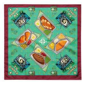May include: Square scarf with a teal background featuring retro TV dinner trays and vintage televisions. The scarf has a burgundy border and the words "TV Dinner" are printed on the corners. The center has a circular graphic with the words "Stay Tuned".