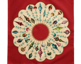 Retro Christmas Ornament Tablecloth  58"  58" Cotton Twill Mid Century Holiday Linen