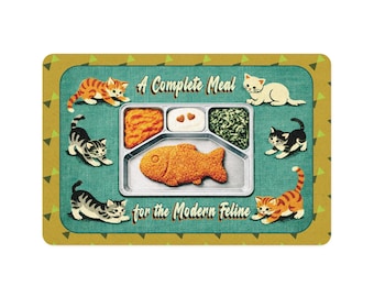 Alfombrilla para mascotas con diseño retro de los años 50, ideal para comer gatos frente al televisor. Estación de alimentación para gatitos. Diseño vintage kitsch.