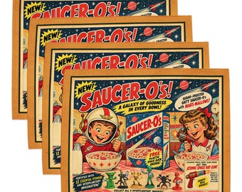 Retro Space Age Placemats Set of 4 | 1950s Atomic Age Cereal Ad | Vintage Sci Fi Kitchen Decor | Mid Century Kitsch