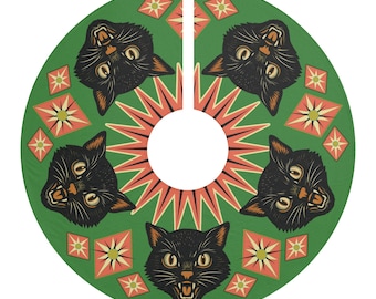 Retro Black Cat Tree Skirt – Mid-Century Modern – Vintage Atomic Holiday – Kitschmas Cat Lovers Gift