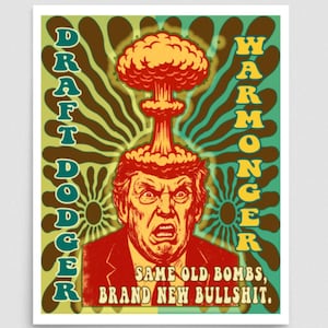 Evasor del reclutamiento, belicista, póster retro contra la guerra, sátira sobre Trump, arte de protesta atómica, impresión de resistencia psicodélica de los años 70, protesta por los buenos problemas.