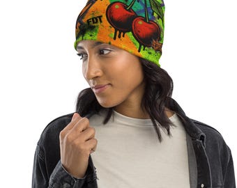 FDT Urban Graffiti Beanie: Retro Kitsch Cherries, Black Cat Streetwear. Anti-Fascist