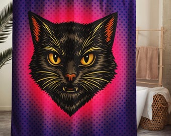 Oversized Black Cat Shower Curtain – Bold Graphic Cat Face – Retro Pop Art Bathroom Decor