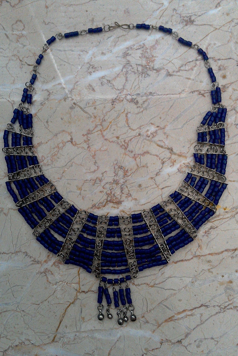 Silver Tone Blue Beaded Chainlinks Boho Bib Necklace Costume Jewelry