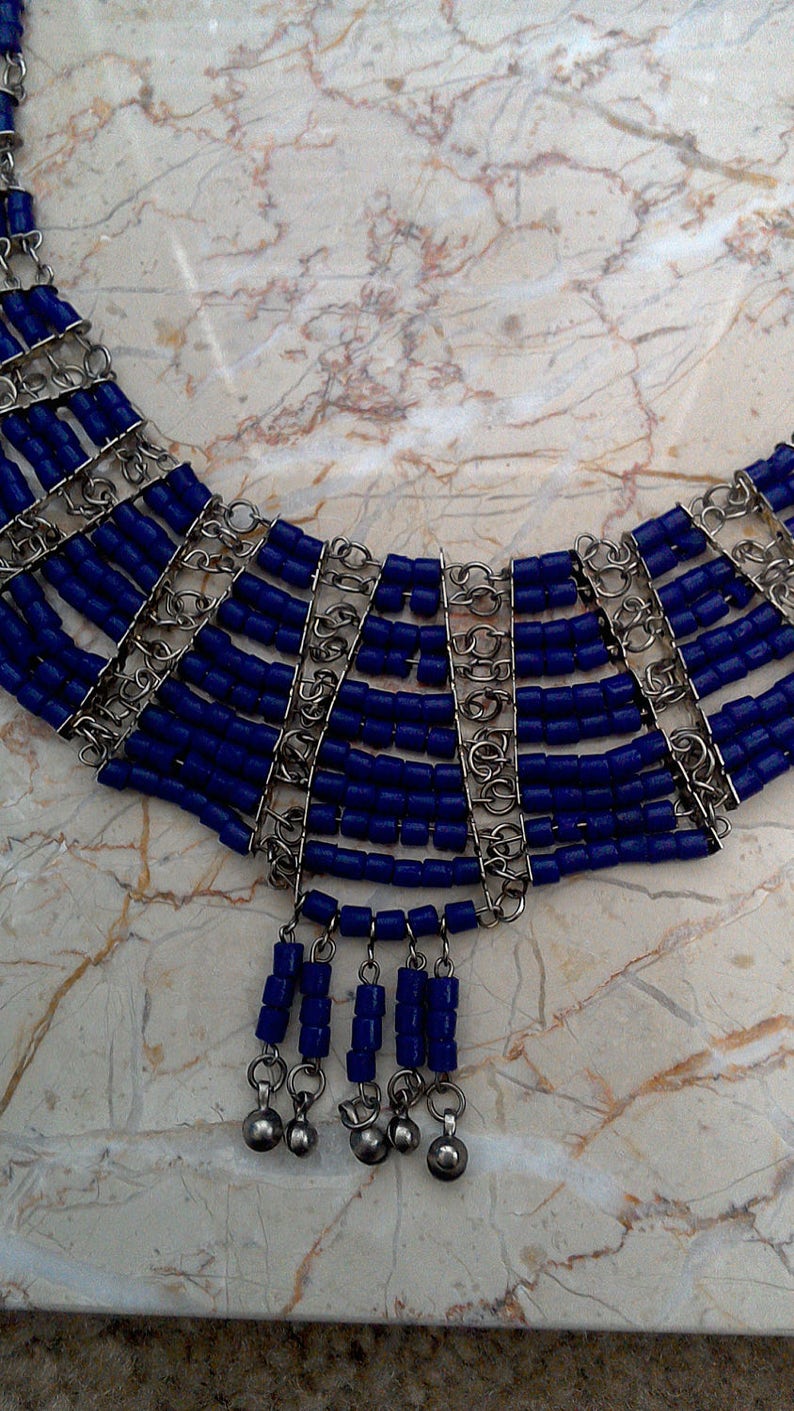Silver Tone Blue Beaded Chainlinks Boho Bib Necklace Costume Jewelry
