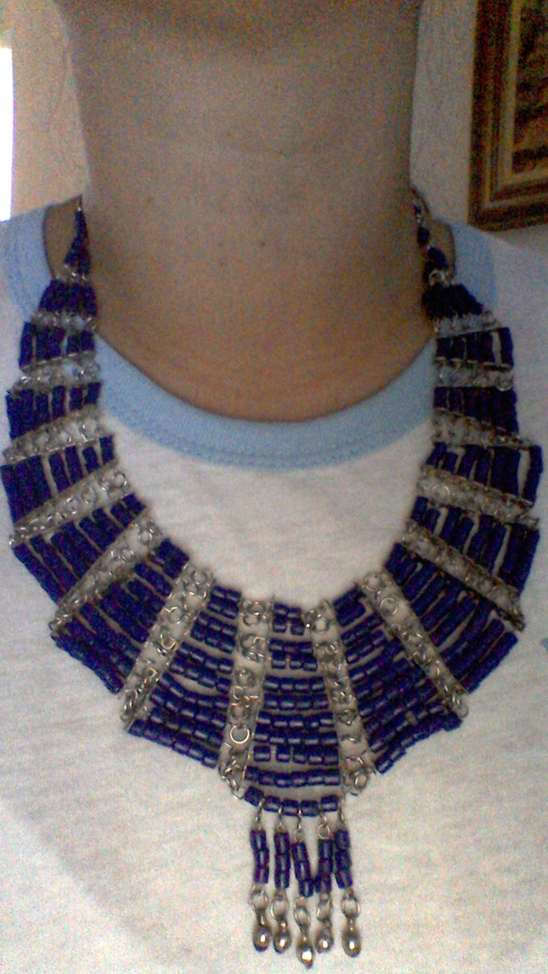 Silver Tone Blue Beaded Chainlinks Boho Bib Necklace  Costume Jewelry