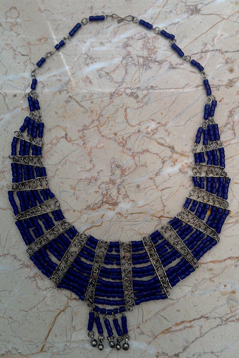 Silver Tone Blue Beaded Chainlinks Boho Bib Necklace Costume Jewelry