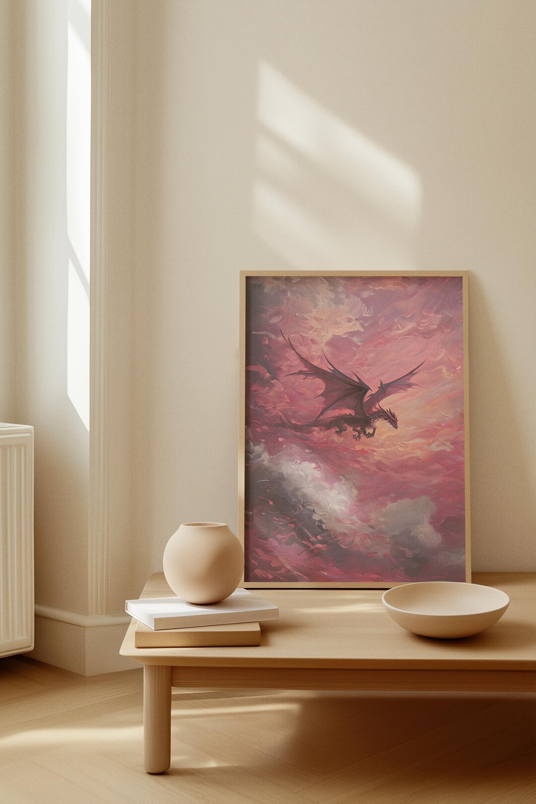 Pink Sunset Dragon Art Print Poster Fantasy Decor Wall Art | Mythical ...