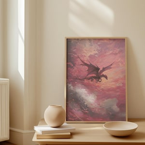 Pink Sunset Dragon Art Print Poster Fantasy decor Wall Art | Mythical Creature Print for Home, Office, or Gaming Room Decor