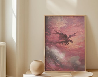 Pink Sunset Dragon Art Print Poster Fantasy decor Wall Art | Mythical Creature Print for Home, Office, or Gaming Room Decor
