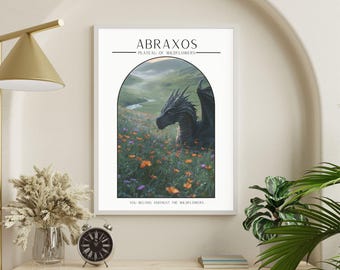 dragon wyvern amongst wildflowers, abraxos inspired, throne of glass poster, reader wall art, digital wall art