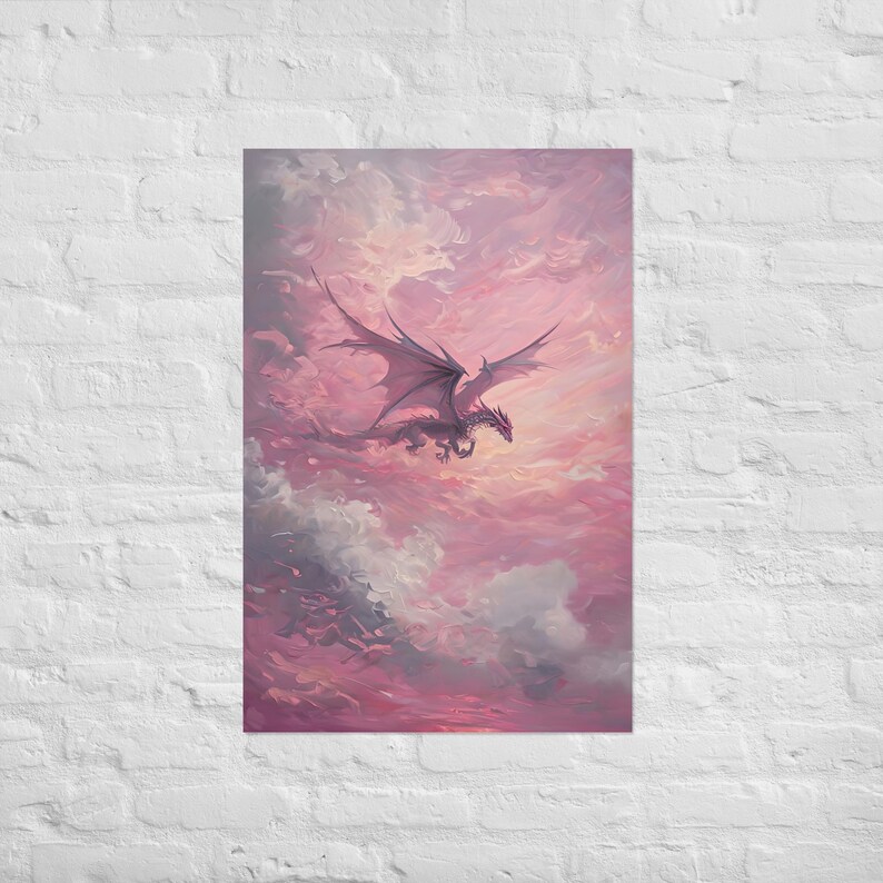 Pink Sunset Dragon Art Print Poster Fantasy Decor Wall Art | Mythical ...