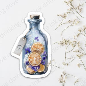Op de afbeelding: Een blauwe glazen fles met een kurkstop, gevuld met gedroogde sinaasappelschijfjes en paarse bloemen. De fles heeft een label met de tekst "Jacky Genie".