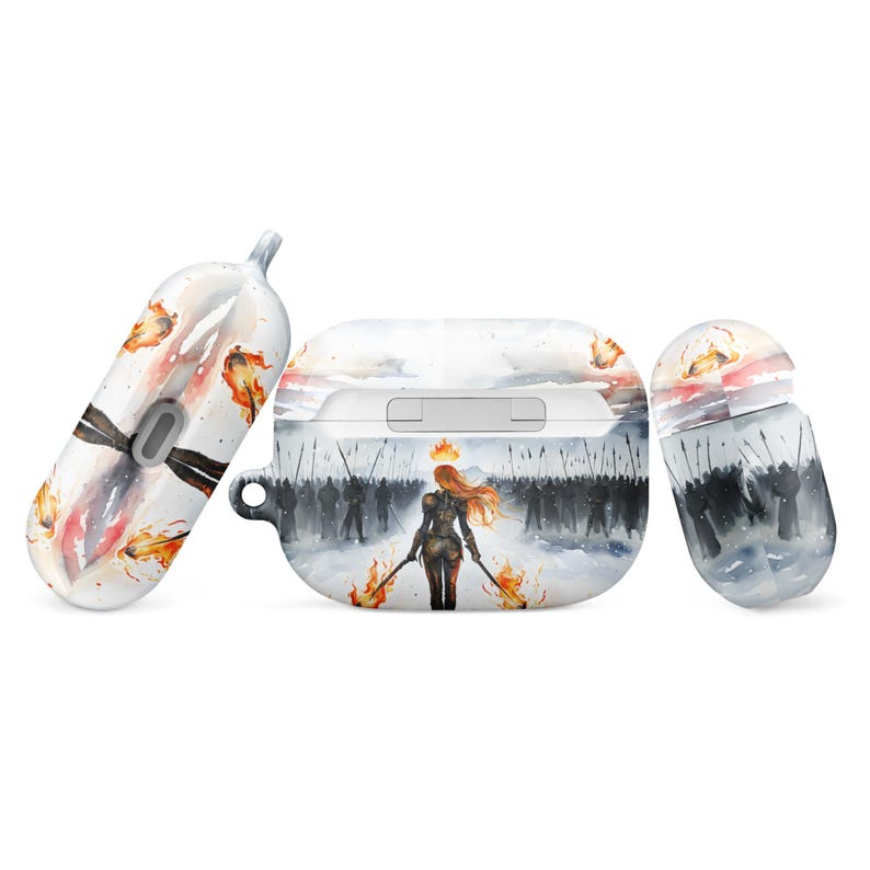 May include: A white wireless charging case with a watercolor design of a woman with fiery hair standing in front of a line of soldiers. The case is for AirPods Pro.
