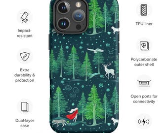 May include: A dark blue phone case with a forest scene design. The case features a white silhouette of a girl walking through a forest with trees, snowflakes, and deer. The case is compatible with wireless charging.