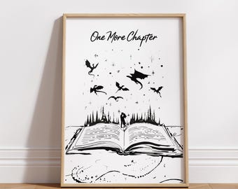 One More Chapter Digital Art Print – For Fantasy & Romantasy, Dragon Book Lovers, bookworm art, reading nook decor,