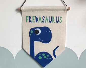 Personalised Dinosaur Flag, Dinosaur Art, Dinosaur Wall Hanging, Dinosaur Gifts, Children's Room Art, Dinosaur Bedroom Art, Dinosaur Sign