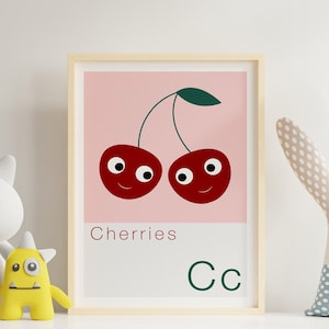 Impresión de cereza para niños, cartel del alfabeto, arte de la pared del vivero, impresión del alfabeto, impresión de gemelos, decoración de la pared para niños, impresión de la letra C, arte de la cereza