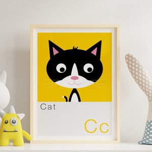 Impresión de gato negro, cartel del alfabeto, arte de la pared del vivero, impresión del alfabeto, impresión del gatito, decoración de la pared de los niños, arte del gato negro, arte del gato, retrato de mascotas