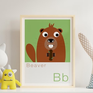 Kinderbeverprint, alfabetposter, beverkwekerijkunst, dierenalfabetkwekerijprint, kinderkamerkunst, kindermuurdecor, dierlijke kunst