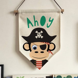 Linen Monkey Pirate Pennant Flag, Kids Decor