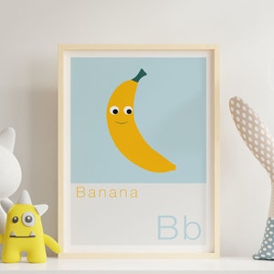 Impresión de plátano para niños, cartel del alfabeto, arte de la pared del vivero, impresión del alfabeto, arte de la habitación de los niños, decoración de la pared de los niños, impresión de la letra B, arte de la fruta