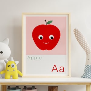 A es para Apple, cartel del alfabeto, impresión del alfabeto, impresión de la guardería de los niños, impresión de la letra A, impresión de los maestros, arte del aula, arte de la fruta, arte de los niños