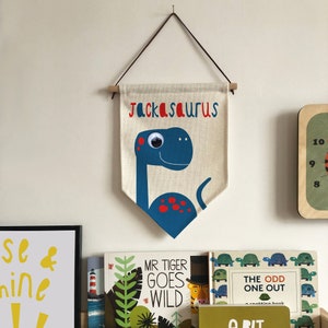 Personalised Dinosaur Flag, Dinosaur Art, Dinosaur Wall Hanging, Dinosaur Gifts, Children&#39;s Room Art, Dinosaur Bedroom Art, Dinosaur Sign