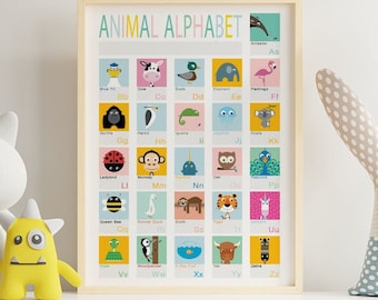 May include: A colorful alphabet chart featuring animals and their corresponding letters. Each letter is displayed in a square with a different color background. The chart is framed in a light wood frame.