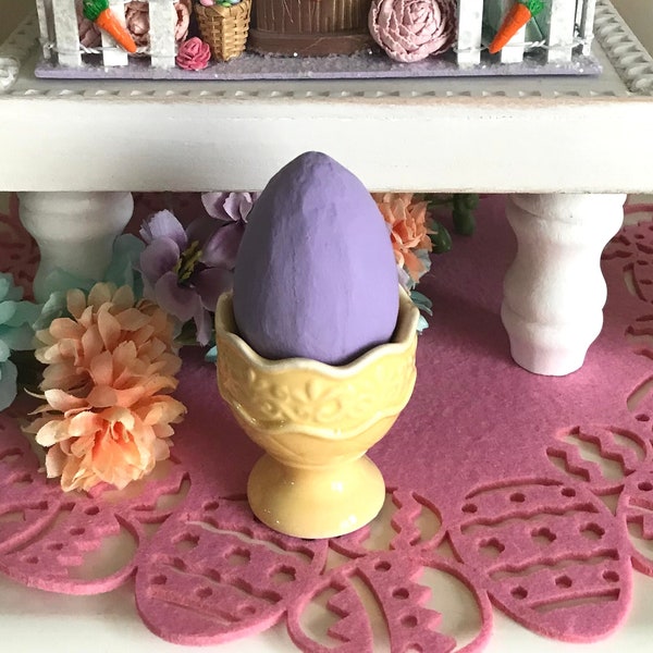 Yellow Pastel Ceramic Egg Cup w/ Purple Painted Paper Mache Egg, Easter Craft