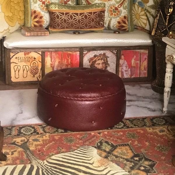 Miniature Dollhouse 1:12 Scale JBM Large Burgundy Colored Leather Ottoman