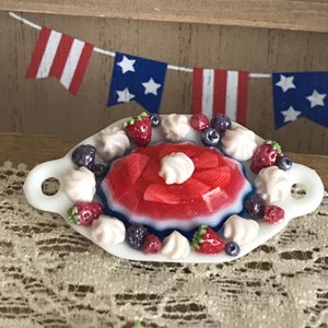 One Mini Dollhouse 4th of July Red, White and Blue Jell-O on Ceramic Plate