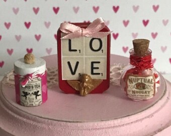 Miniature Valentine's Day Dollhouse Décor, Wooden "Love" Sign, Tea or Candy