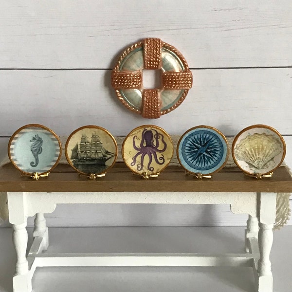 One, 1:12 Scale Nautical Dollhouse Miniature Ceramic Plate, Beach House Decor