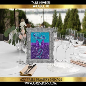 Purple and Turquoise Glam Table Numbers | Glitter Purple Numbers | Wedding Reception, Birthday Table Numbers | DIGITAL FILE