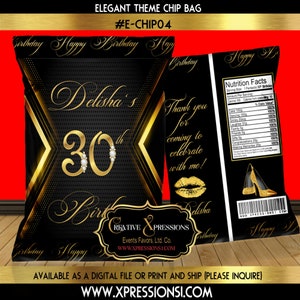 Black and Gold Birthday Chip Bag, Black and Gold Birthday Party Favor Chip Bag, Sweet 16 Chip Bag, Gold and Black Chip Bag, Digital File